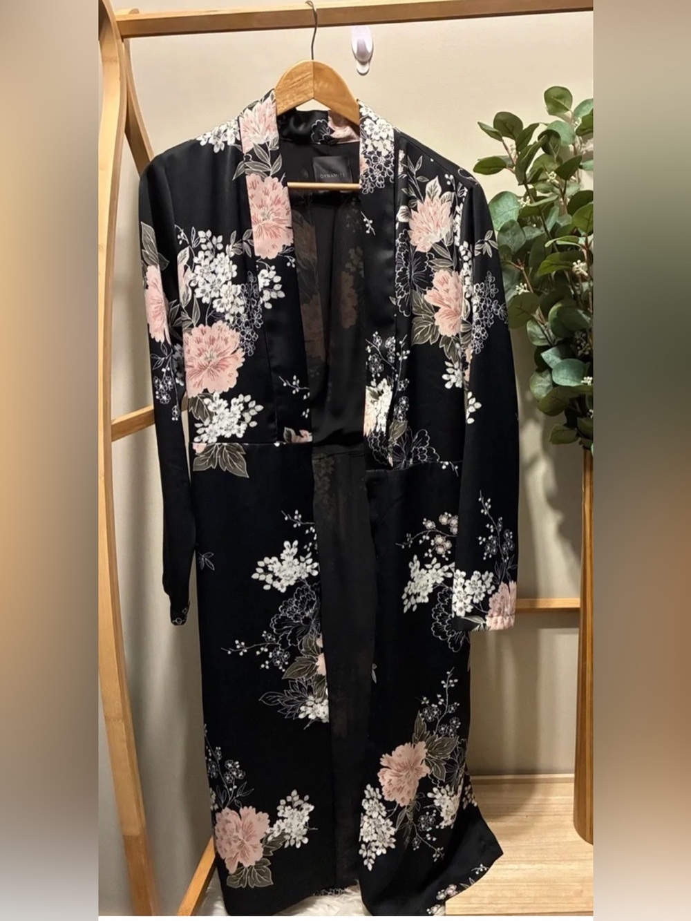 Dynamite Black Satin Floral Kimono with Pink & White Blooms